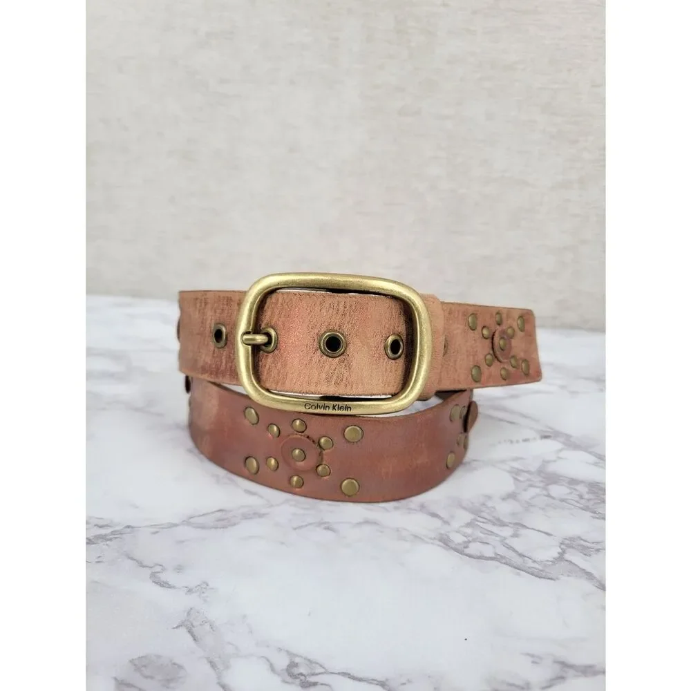 Calvin Klein Metallic Pink and Brown Leather Studded Belt with Brass Buckle